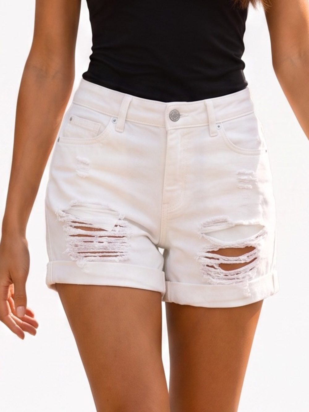 DL1961 White Distressed Rolled Cuff Denim Shorts